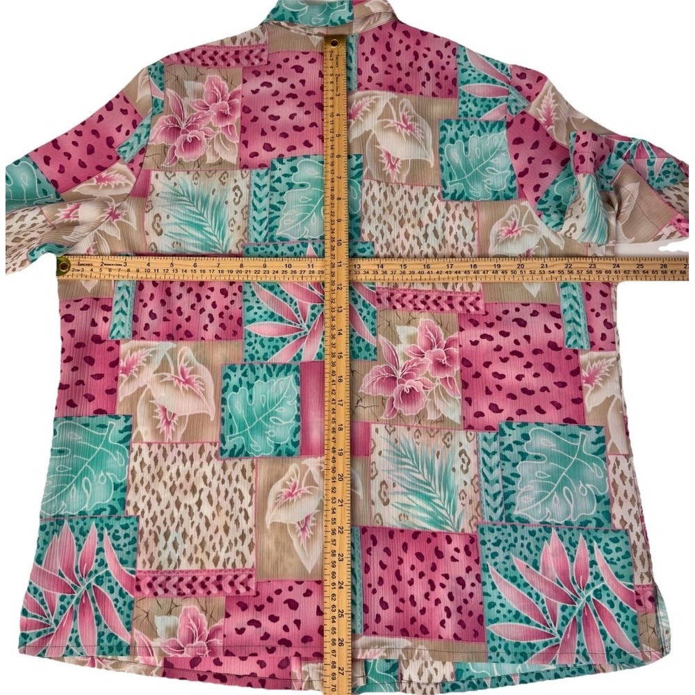 Allison Daley Button Front Blouse Women 16 Pink Tropical Patchwork Short Sleeve - Picture 7 of 10